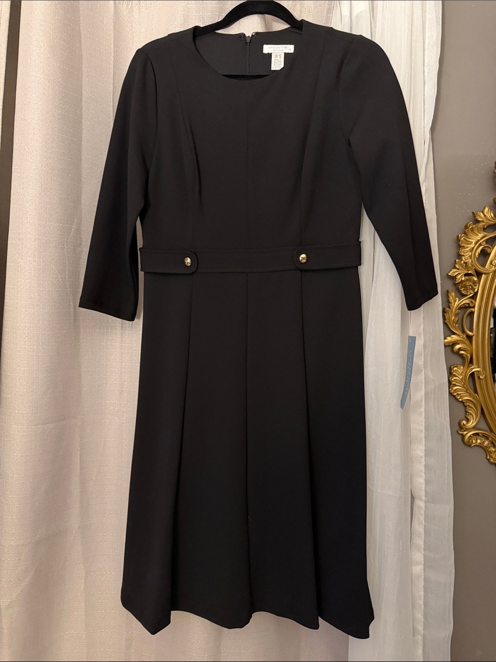 London Times Black Midi Dress with Gold Buttons